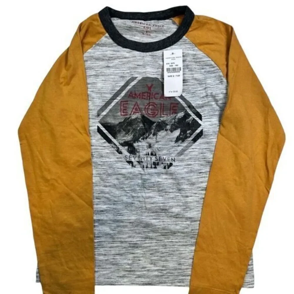 NWT American Eagle Youth Boys Baseball Long Sleeve Gray Graphic Tee Shirt Size 8